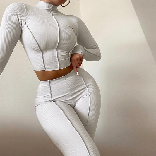 Solid Sporty Two Piece Set Women Half High Collar Skinny Crop Top