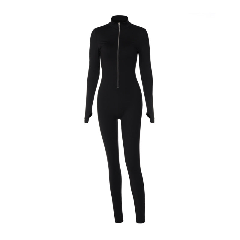 Solid Color Long Sleeve Zipper Waist Slimming Sport Yoga Jumpsuit Women