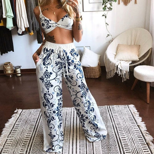 Casual Two Piece Set Women Top And Wide-leg Pants Sets Street Style