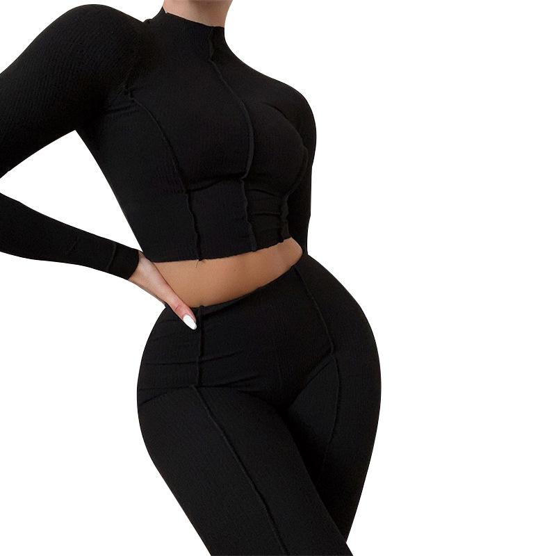 Solid Sporty Two Piece Set Women Half High Collar Skinny Crop Top