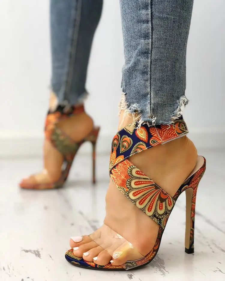 Women Fashion Casual Shoes High Heel Party Club Ethnic Transparent Crisscross Thin Heeled Sandals