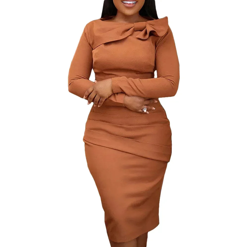 2024 African Bodycon Dresses for Women Autumn Elegant Long Sleeve O-neck Polyester Knee-length Dress