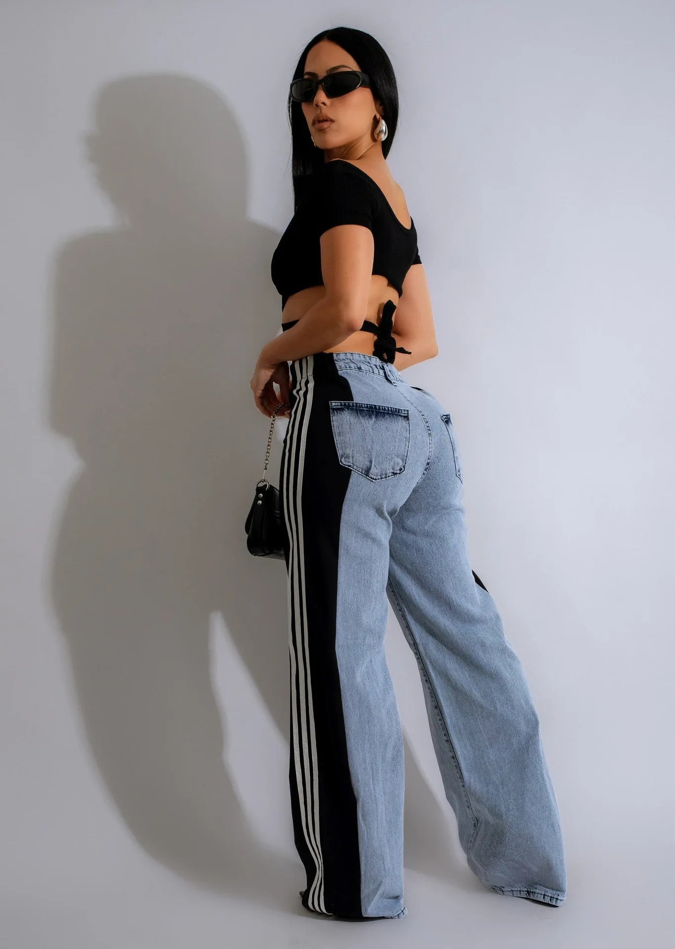 Women Patchwork Jeans Wide Leg Blue Jeans