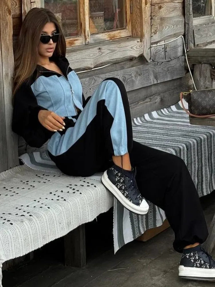 Fashion Patchwork Denim 2 Piece Sets Women Outfit