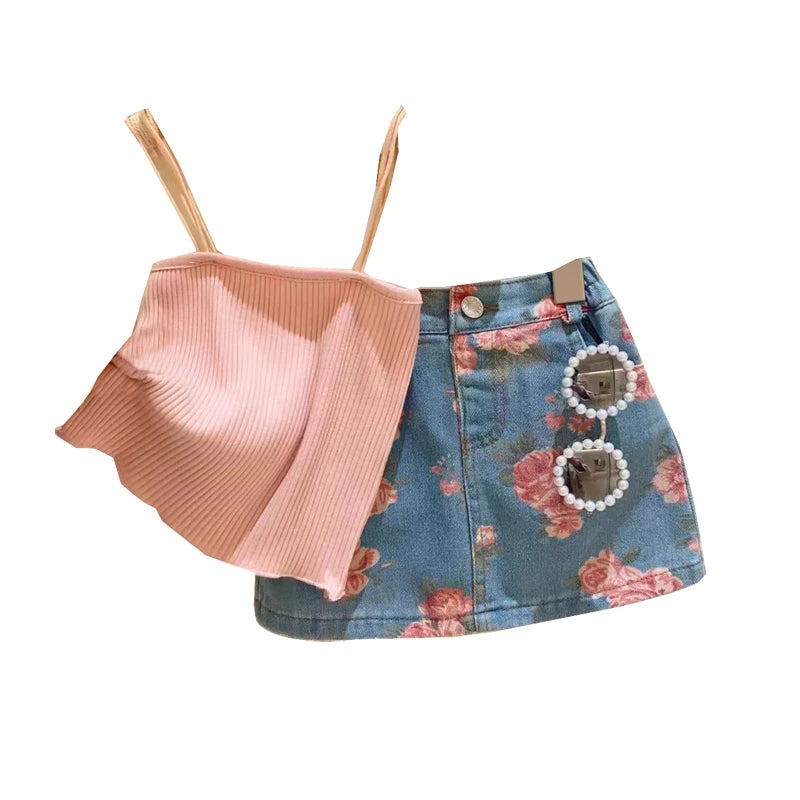 Girl Sweet Princess 2pcs Suits Children Baby Kids Summer Sleeveless Suspenders+ Denim Skirt Sets