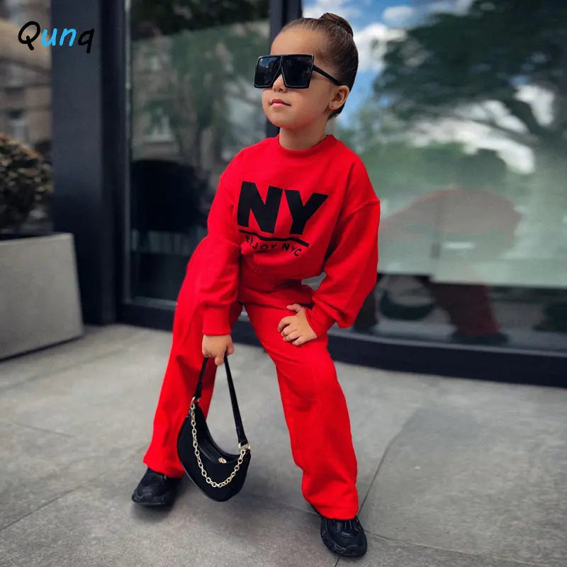 Qunq Autumn & Winter Girls O Neck Long Sleeve Letter Print Top + Wide-legged Pants 2 Pieces Set Casual Kids Clouthes Age 3T-8T