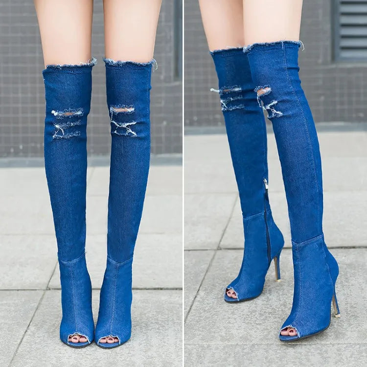 Hot Fashion Women Boots High Heels Spring Autumn Peep Toe Over The Knee Boots Tight High Stiletto Jeans Boots