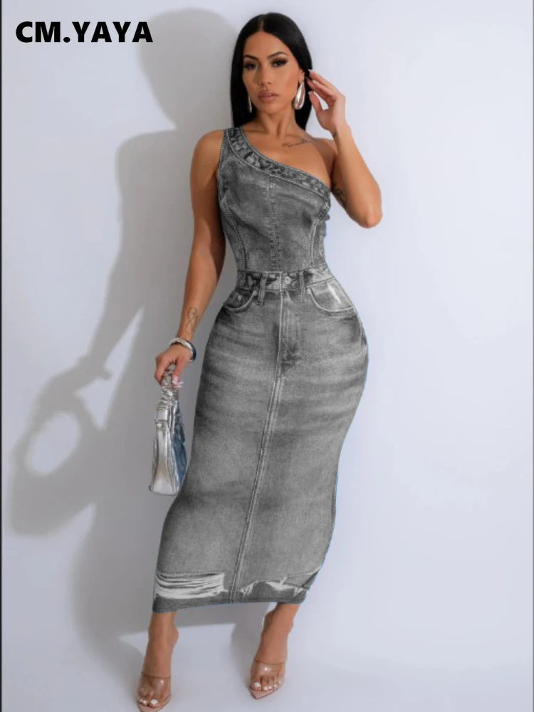 Women Fake Jean 3D Printed One Shoulder Sleeveless Bodycon Midi Maxi Dress