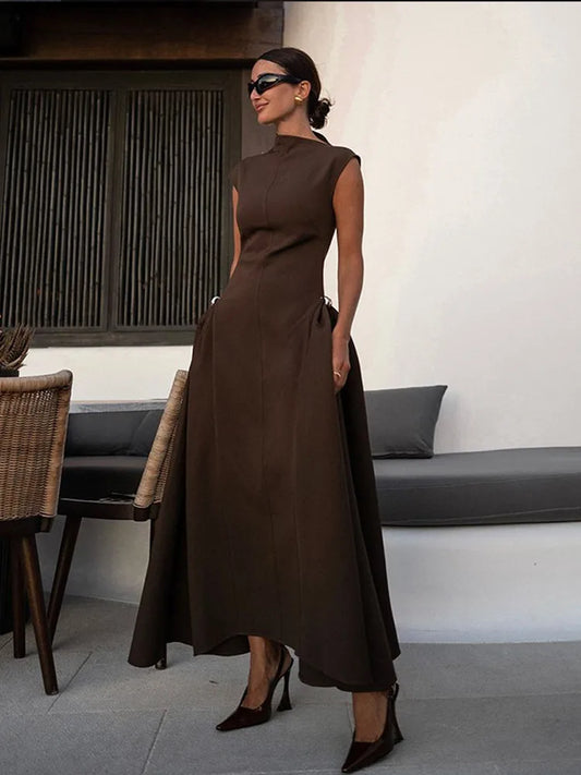 Elegant Lady Slanted Collar Solid Pleated Long Dress