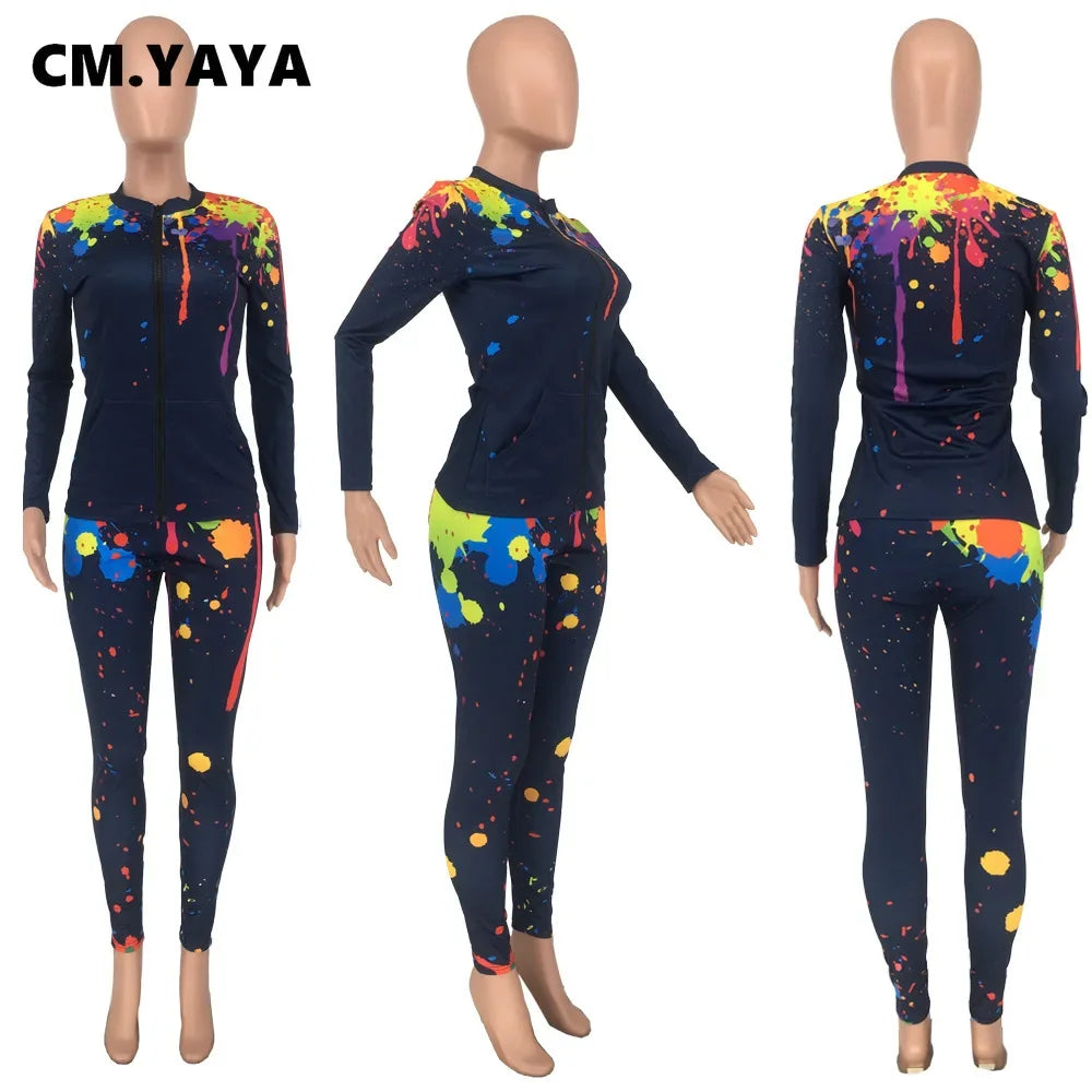 Sport Sweatsuit Graffiti Print Women's Set Zipper Legging Pants Set Active Tracksuit Two Piece Fitness Outfits