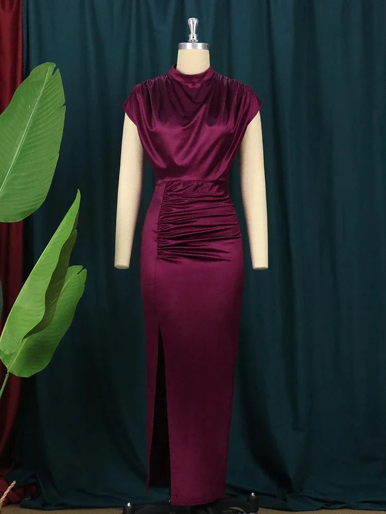 Women Dress Pleated Long Wine Red Elegant Slit High Collar Slim Fit Sleeveless