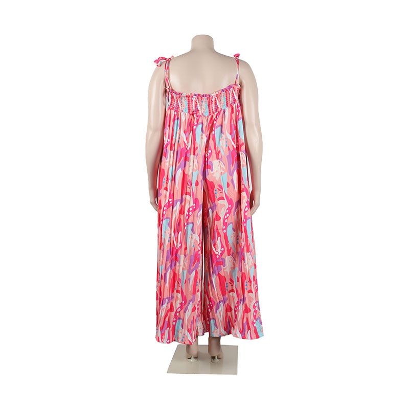 Summer Women Printed Pleated Loose Sling Jumpsuit