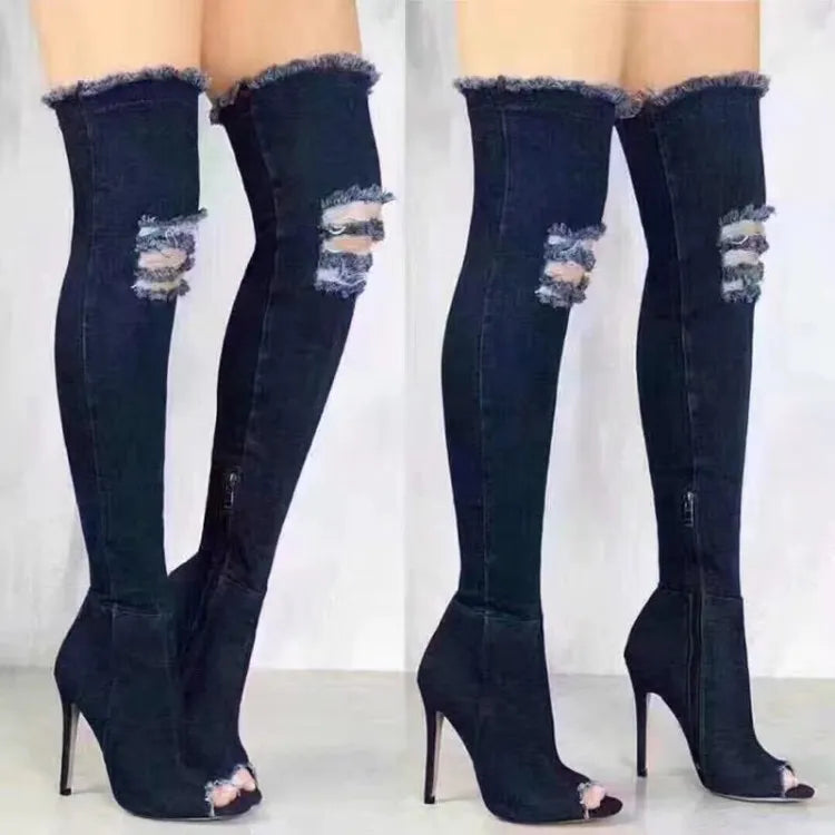 Hot Fashion Women Boots High Heels Spring Autumn Peep Toe Over The Knee Boots Tight High Stiletto Jeans Boots