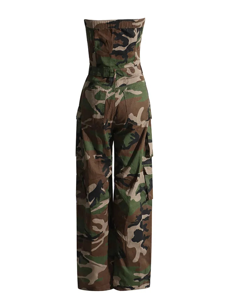 Camouflage Cargo Jumpsuits For Women Starpless Sleeveless High Waist Spliced Pockets Streetwear Jumpsuit Female New