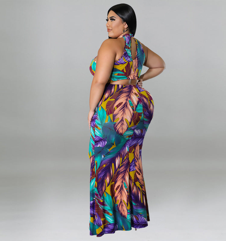 Plus Size Women Double Wear Leaf Print Sleeveless Mermaid Bodycon Maxi