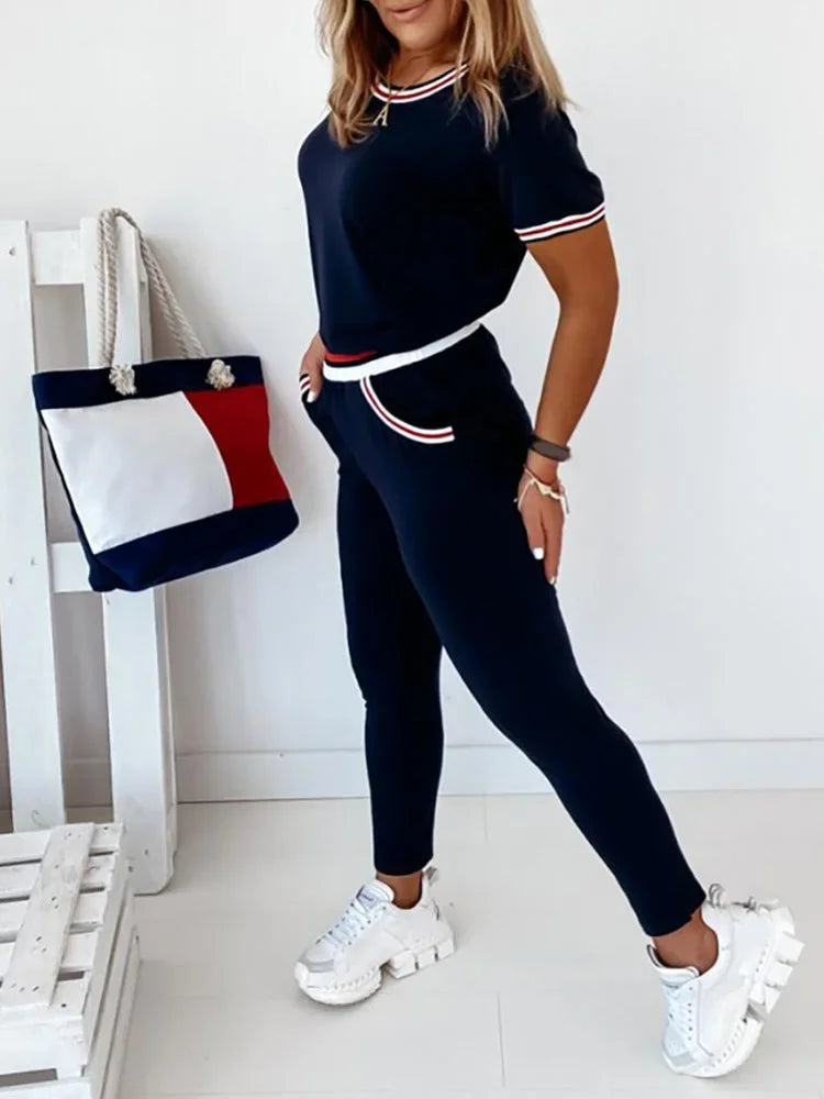 Contrast Binding Short Sleeve Top & Pockets Design Pants Sets Casual Workout Women Two Piece Set