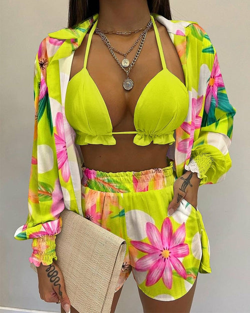 Sexy Beach Style Printed Shirt Shorts Set Women