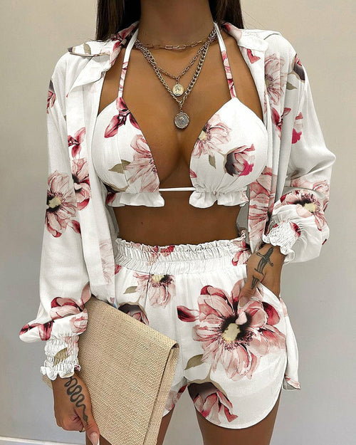 Sexy Beach Style Printed Shirt Shorts Set Women