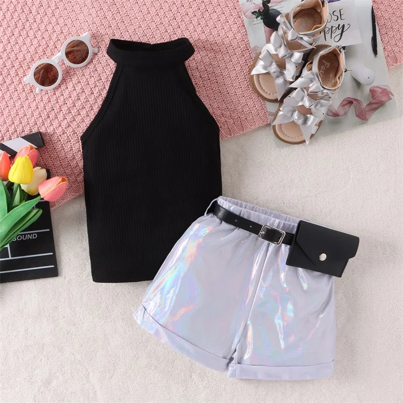 Listenwind 4-7Y Kid Girl Summer Clothes Set Sleeveless Rib Knit Halter Tops Holographic Shorts Belt 3Pcs Outfits