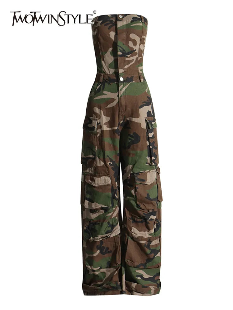 Camouflage Cargo Jumpsuits For Women Starpless Sleeveless High Waist Spliced Pockets Streetwear Jumpsuit Female New