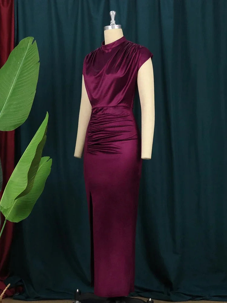 Women Dress Pleated Long Wine Red Elegant Slit High Collar Slim Fit Sleeveless