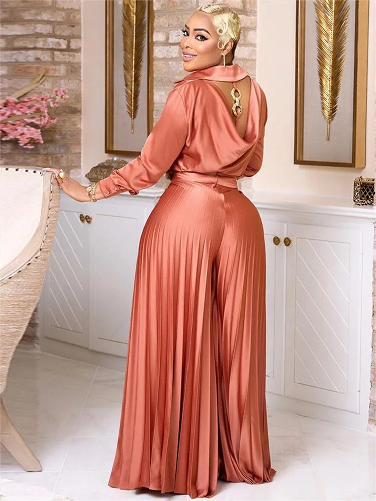 Two Piece Set Women Sexy Open Back Top and Wide Leg Pants Sets