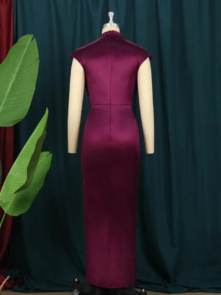 Women Dress Pleated Long Wine Red Elegant Slit High Collar Slim Fit Sleeveless