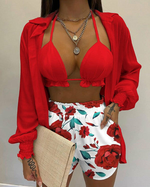 Sexy Beach Style Printed Shirt Shorts Set Women