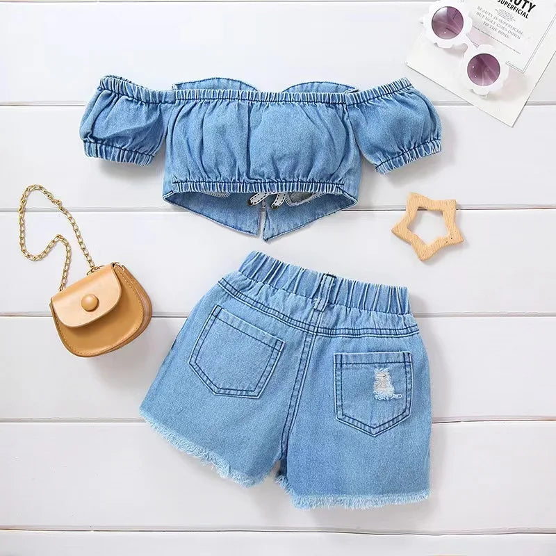 New Summer  Girls Baby Clothing Fashion Short Off-The-Shoulder Sleeves Tube Top+Ripped Denim Shorts Two-Piece