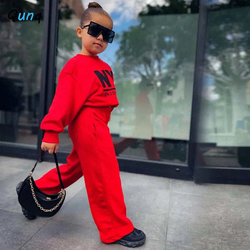 Qunq Autumn & Winter Girls O Neck Long Sleeve Letter Print Top + Wide-legged Pants 2 Pieces Set Casual Kids Clouthes Age 3T-8T