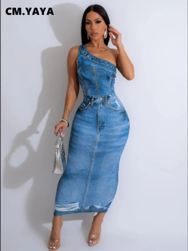 Women Fake Jean 3D Printed One Shoulder Sleeveless Bodycon Midi Maxi Dress