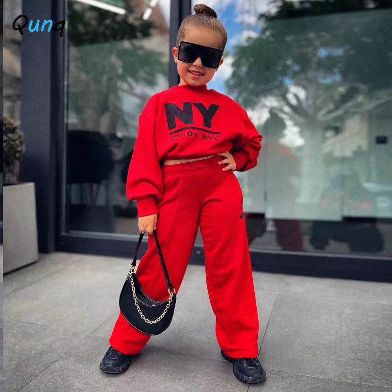 Qunq Autumn & Winter Girls O Neck Long Sleeve Letter Print Top + Wide-legged Pants 2 Pieces Set Casual Kids Clouthes Age 3T-8T