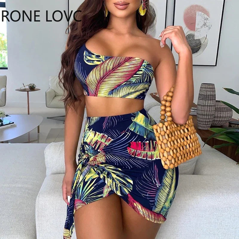 Women Off Shoulder Tie Front Top & Tropical Print Skirt Set  Casual 2 Pieces Set