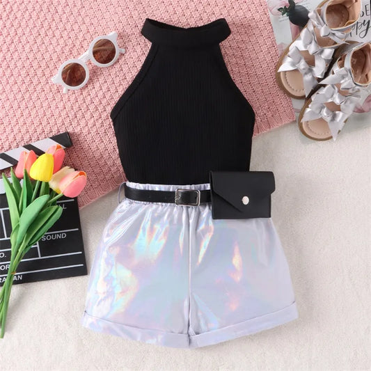 Listenwind 4-7Y Kid Girl Summer Clothes Set Sleeveless Rib Knit Halter Tops Holographic Shorts Belt 3Pcs Outfits