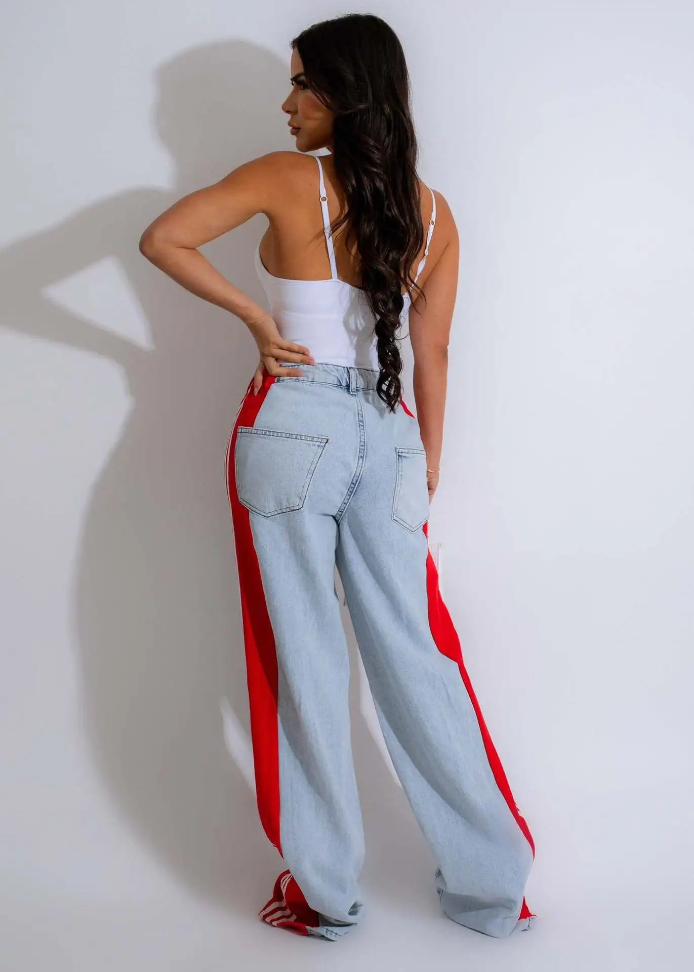 Women'S Denim Side Patchwork Striped Wide Leg Jeans