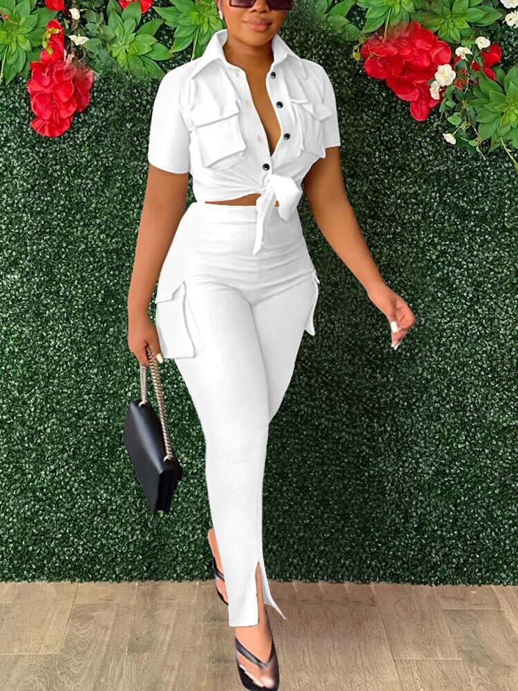 Short Sleeve Buttoned Tie Up Crop Top &Slim Cargo Pants Set Women