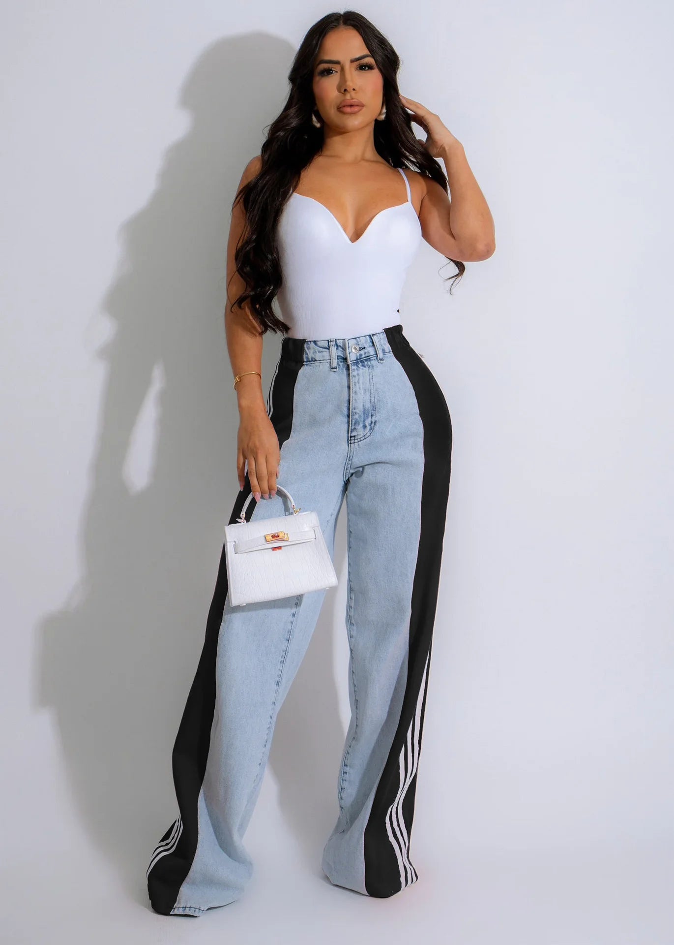 Women'S Denim Side Patchwork Striped Wide Leg Jeans