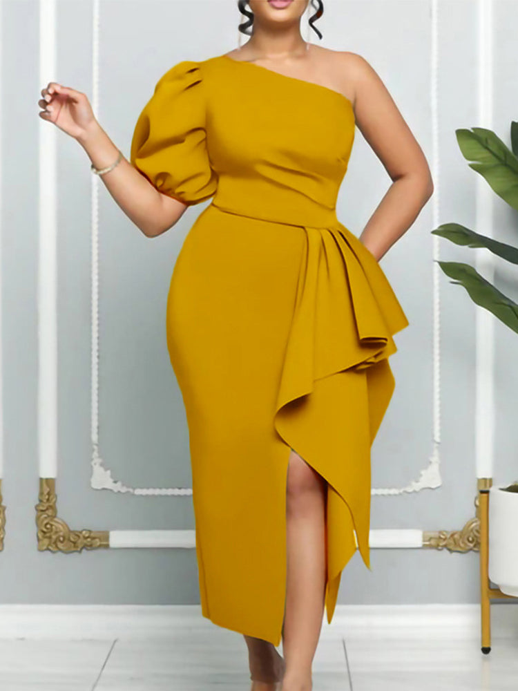 Short Sleeve One Shoulder Elegant Ruffles Slit Midi Dress