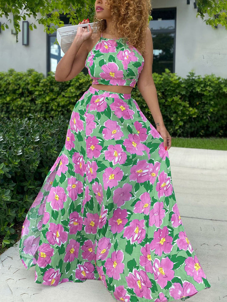 Floral Printed Dress Suits Backless Crop Top Maxi Skirt Set