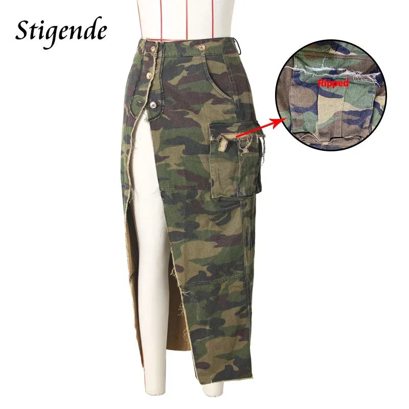 Women Sexy High Split Camouflage Skirt Army Green Ripped