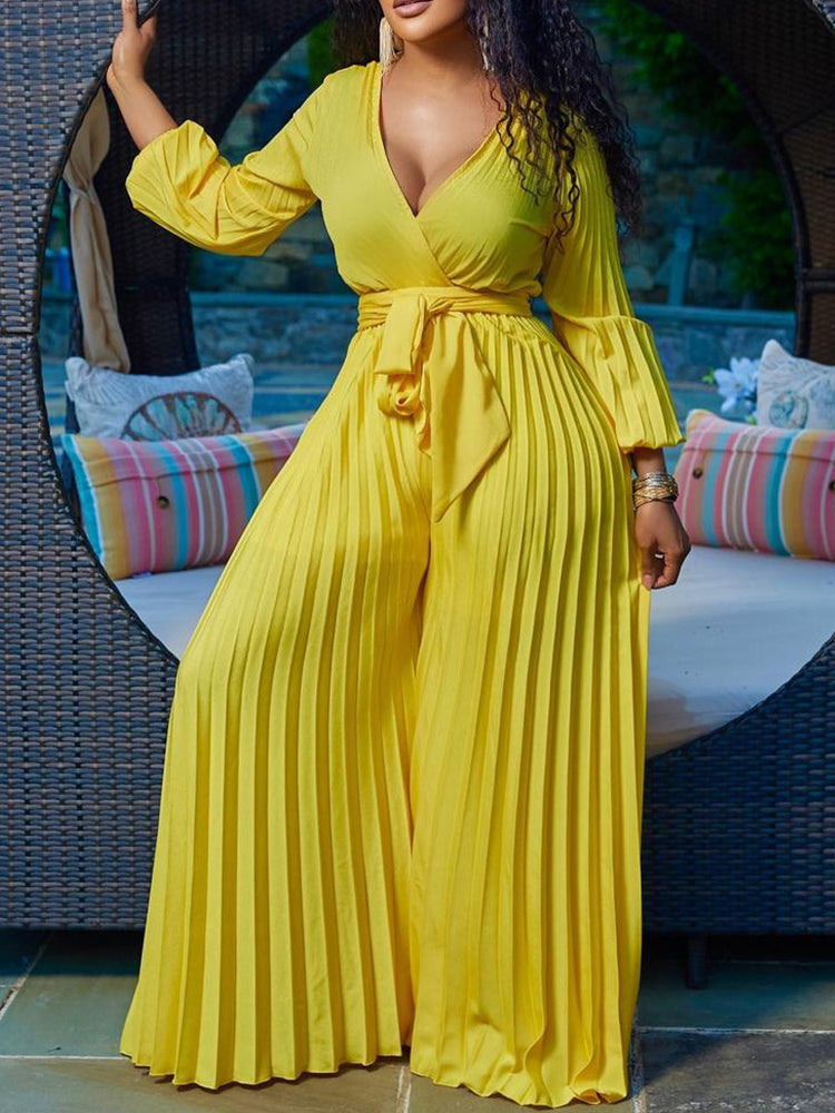 Women Elegant V Neck Pleated Jumpsuit Wide Leg