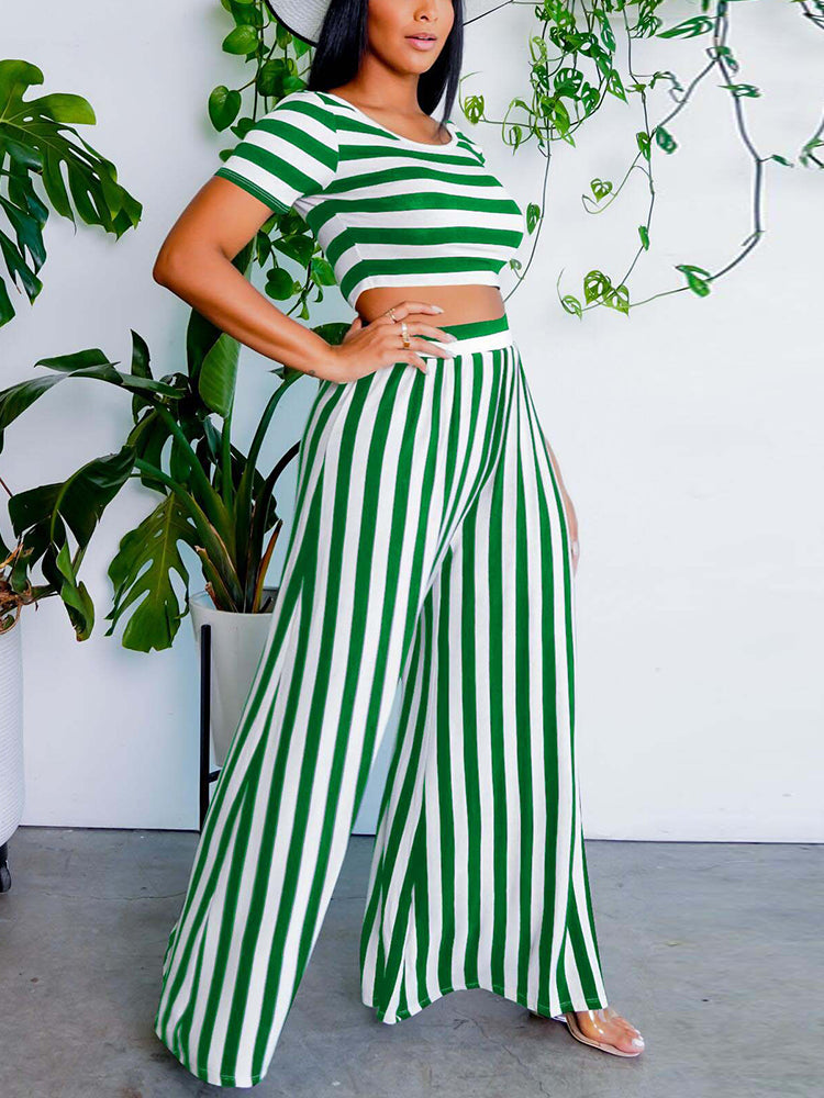 Women 2 Pieces Sets Stripe Printed Short Sleeve T-shirt & Wide Leg