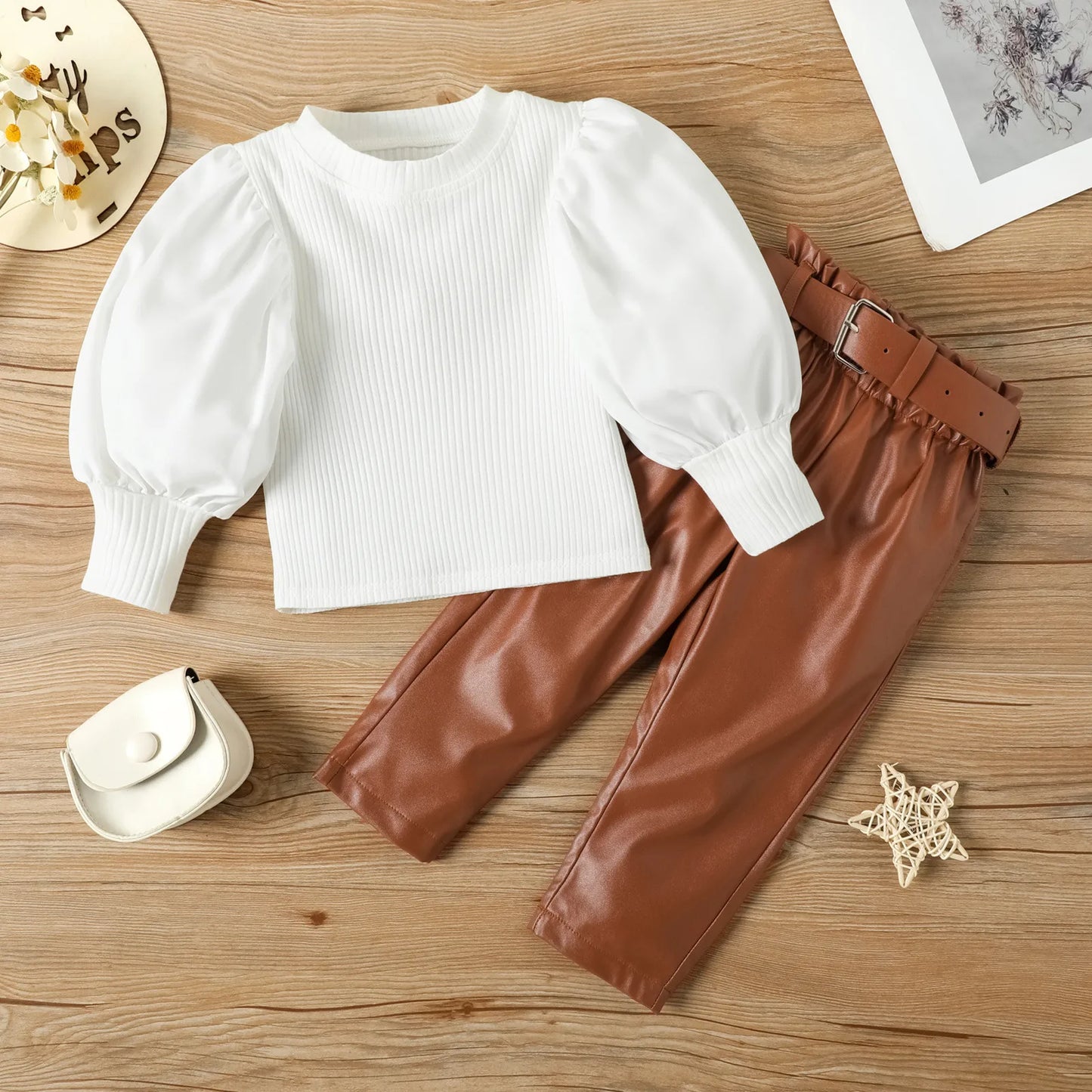 Elegant Fashion Kids Girls Clothes Set Puff Sleeve Ribbed Blouse T Shirt Tops PU Leather Long Pants With Belt 2PCS Girls Suit