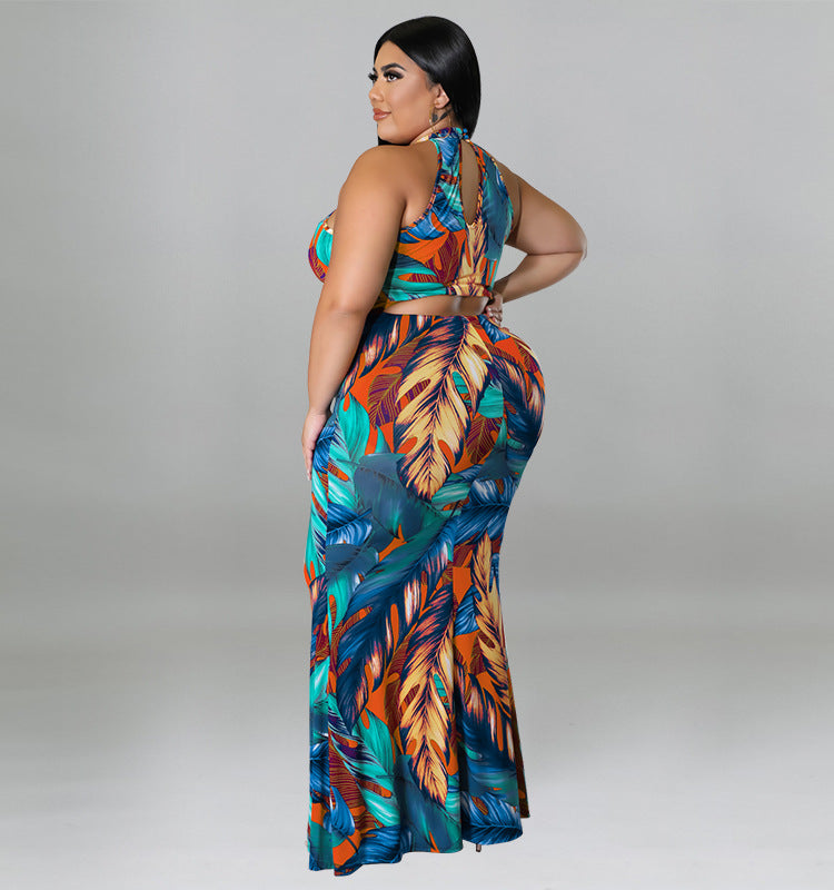 Plus Size Women Double Wear Leaf Print Sleeveless Mermaid Bodycon Maxi