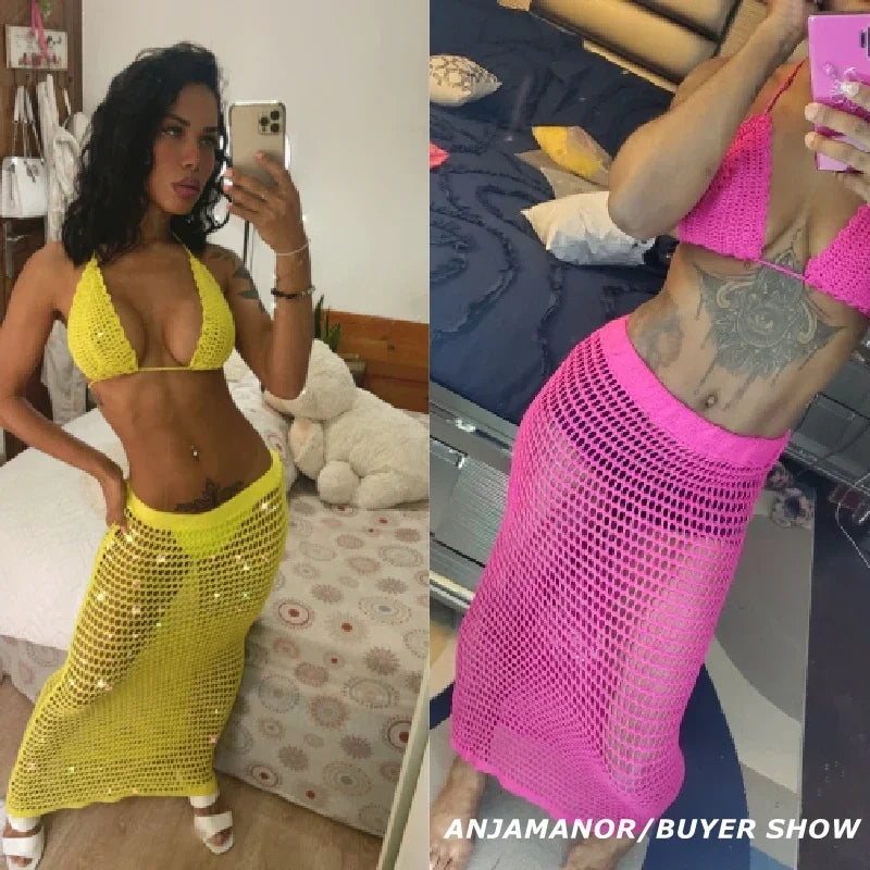 Hollow Out Crochet Sexy Summer Two Piece Set Top and Skirts Matching Sets Beach Cover Up Neon Club Outfits