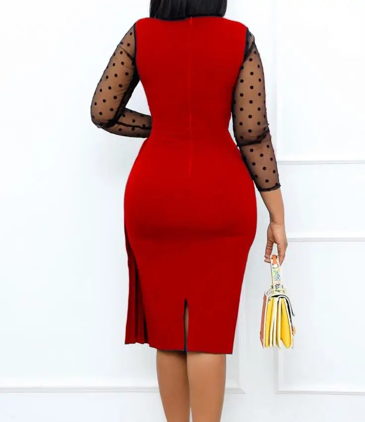 Women Fashion Mesh Spliced Long Sleeve Slim FitElegant Dress Female Clothing