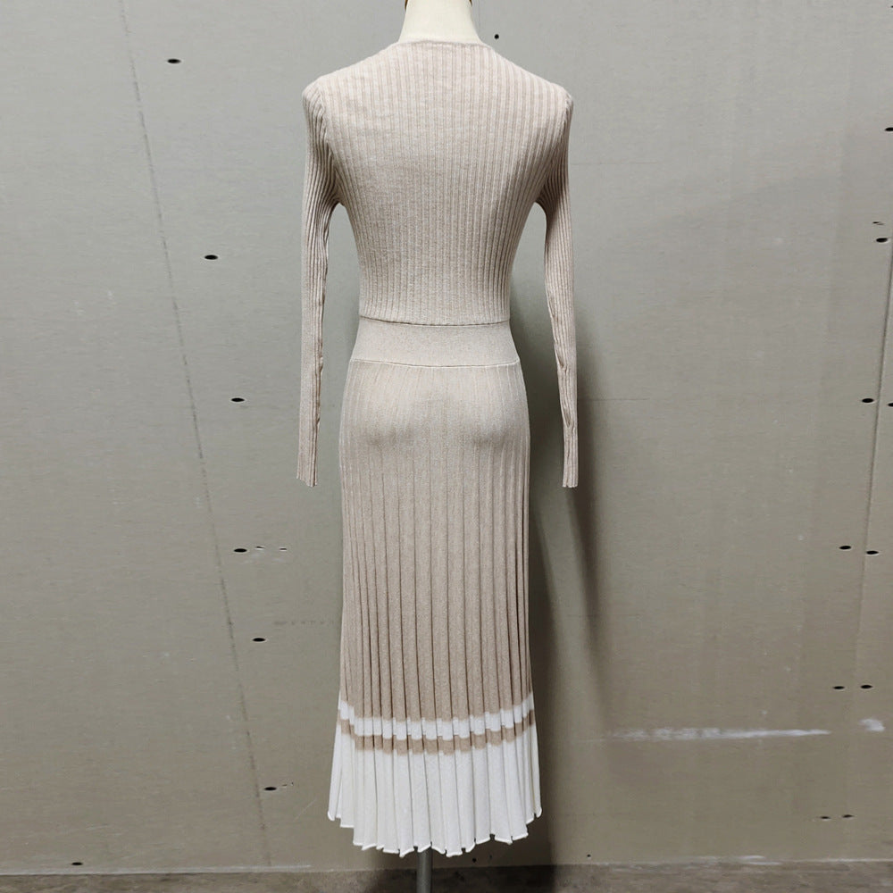 V-neck Long Sleeve Knitted Pleated Midi Dress