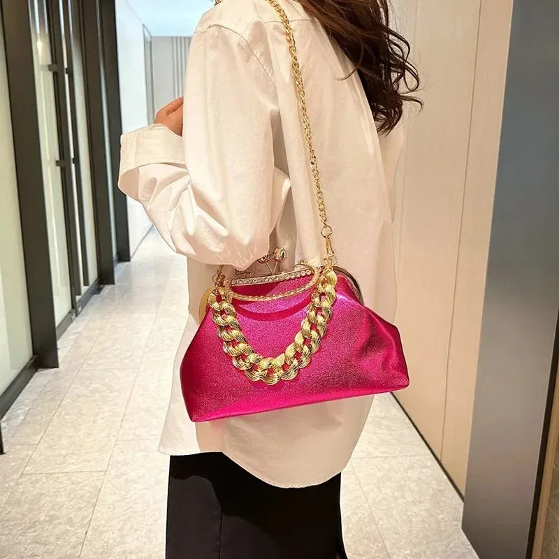 Women Gold Green Chain Messenger Bags PU Leather Shoulder Bags