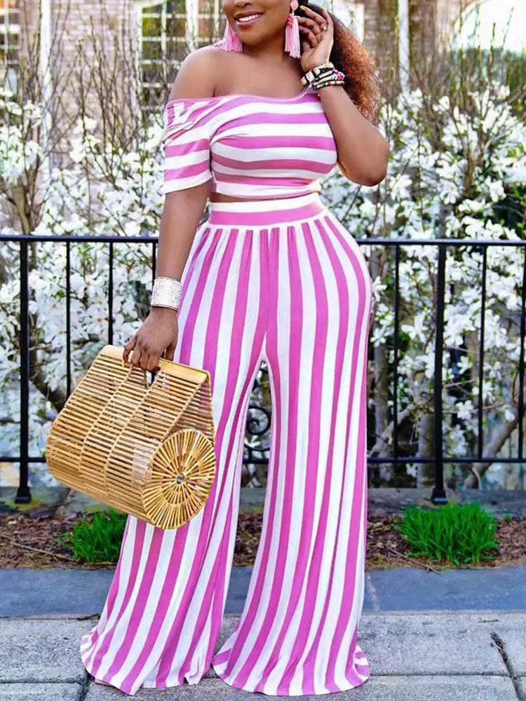 Women 2 Pieces Sets Stripe Printed Short Sleeve T-shirt & Wide Leg