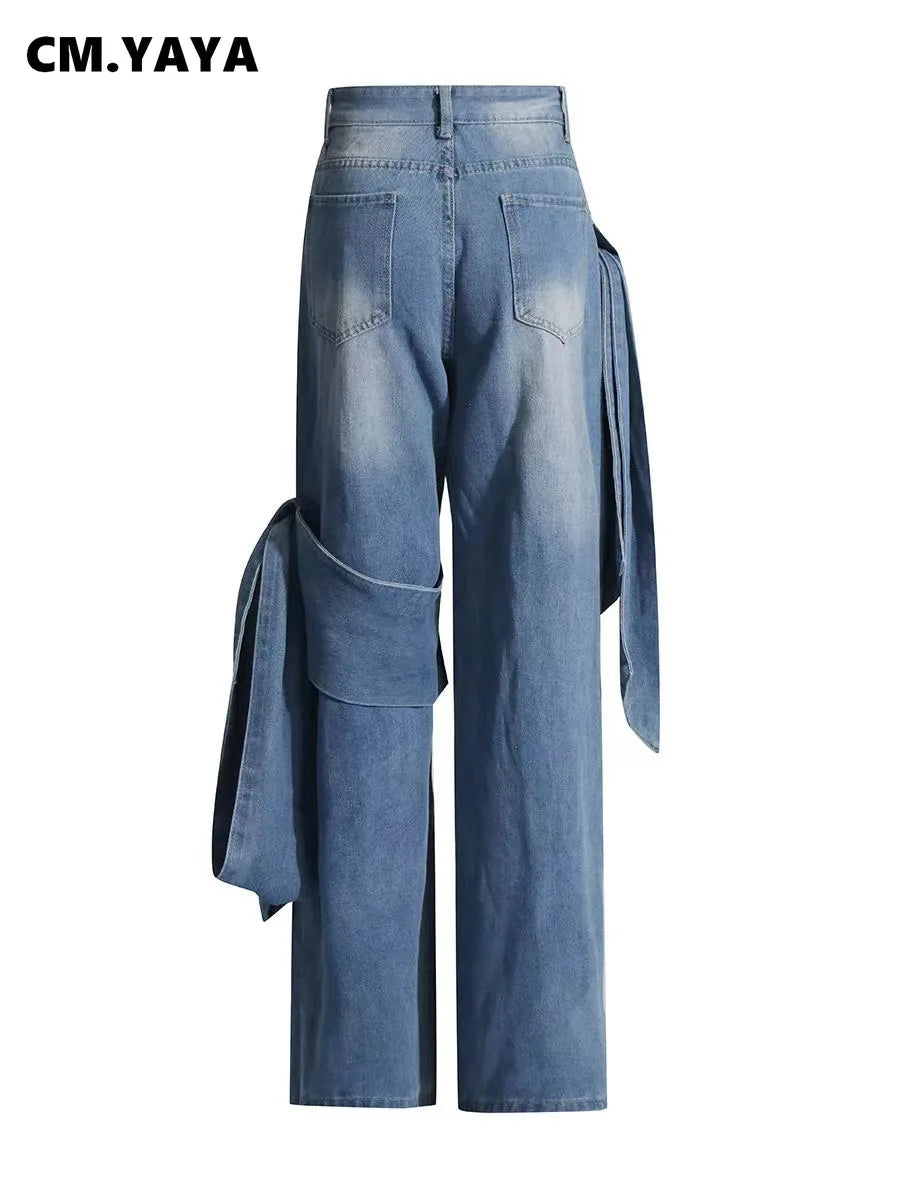 Women Street Fashion High Waist Zipper Fly Wide Leg Straight String Jeans